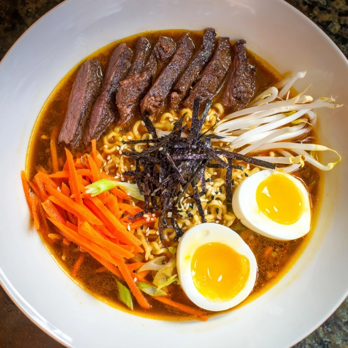 Vivid sensory details like the spicy broth aroma and colorful toppings help visualize this comforting Japanese-inspired bowl.