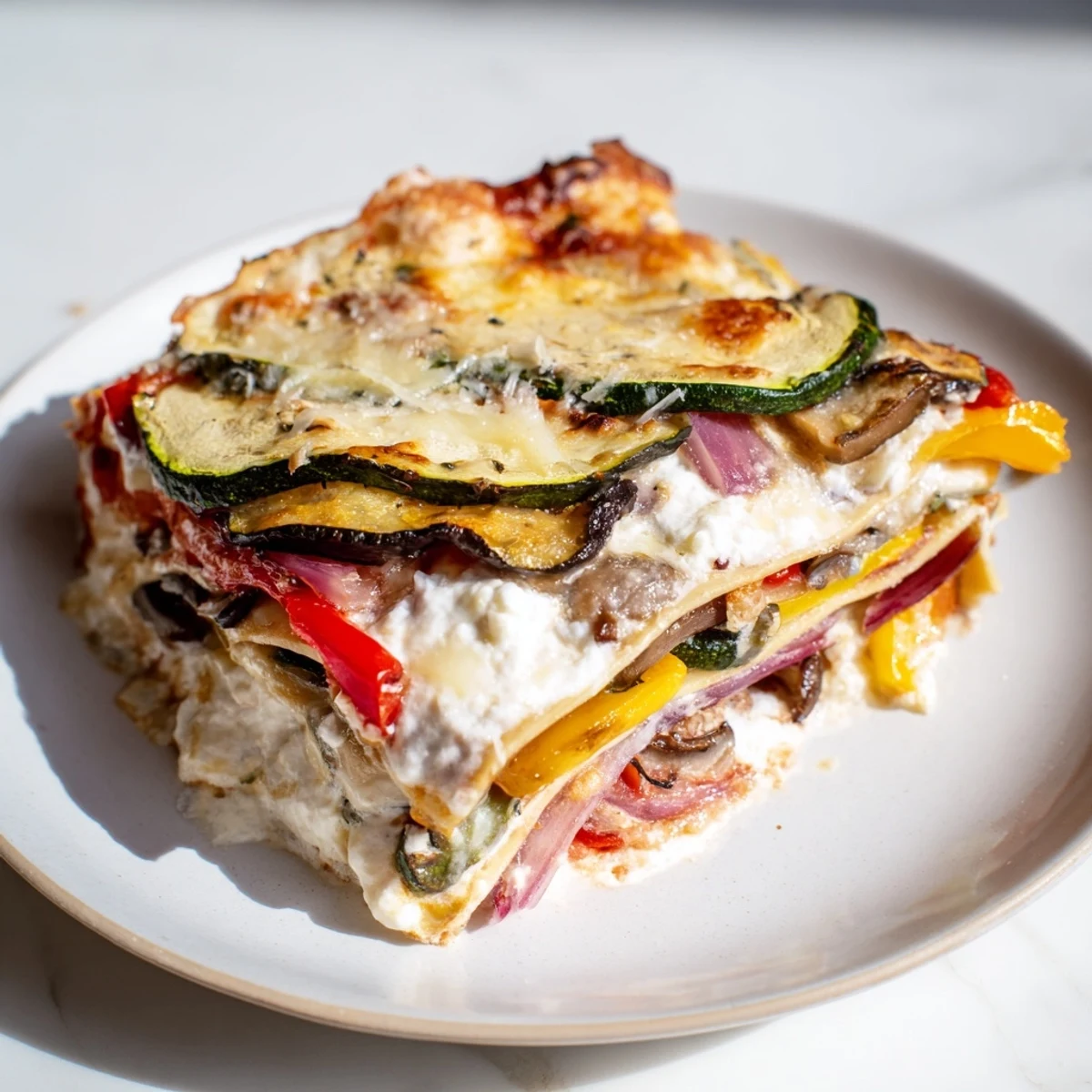 A serving of Roasted Vegetable Lasagna with White Sauce on a plate, featuring creamy béchamel and tender pasta layers.