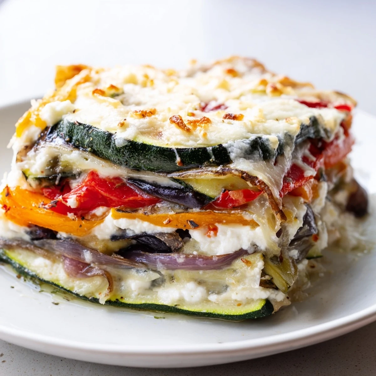 Freshly baked Roasted Vegetable Lasagna with White Sauce, garnished with basil and ready to be served at a family dinner.