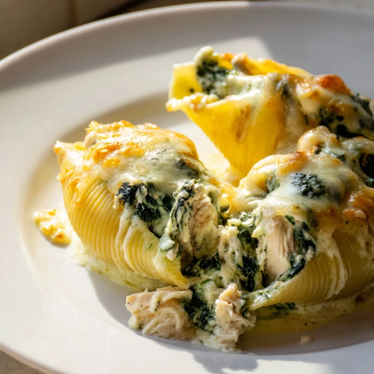 Golden-brown Chicken Alfredo Stuffed Shells with Spinach bubbling in a white baking dish, served fresh from the oven.