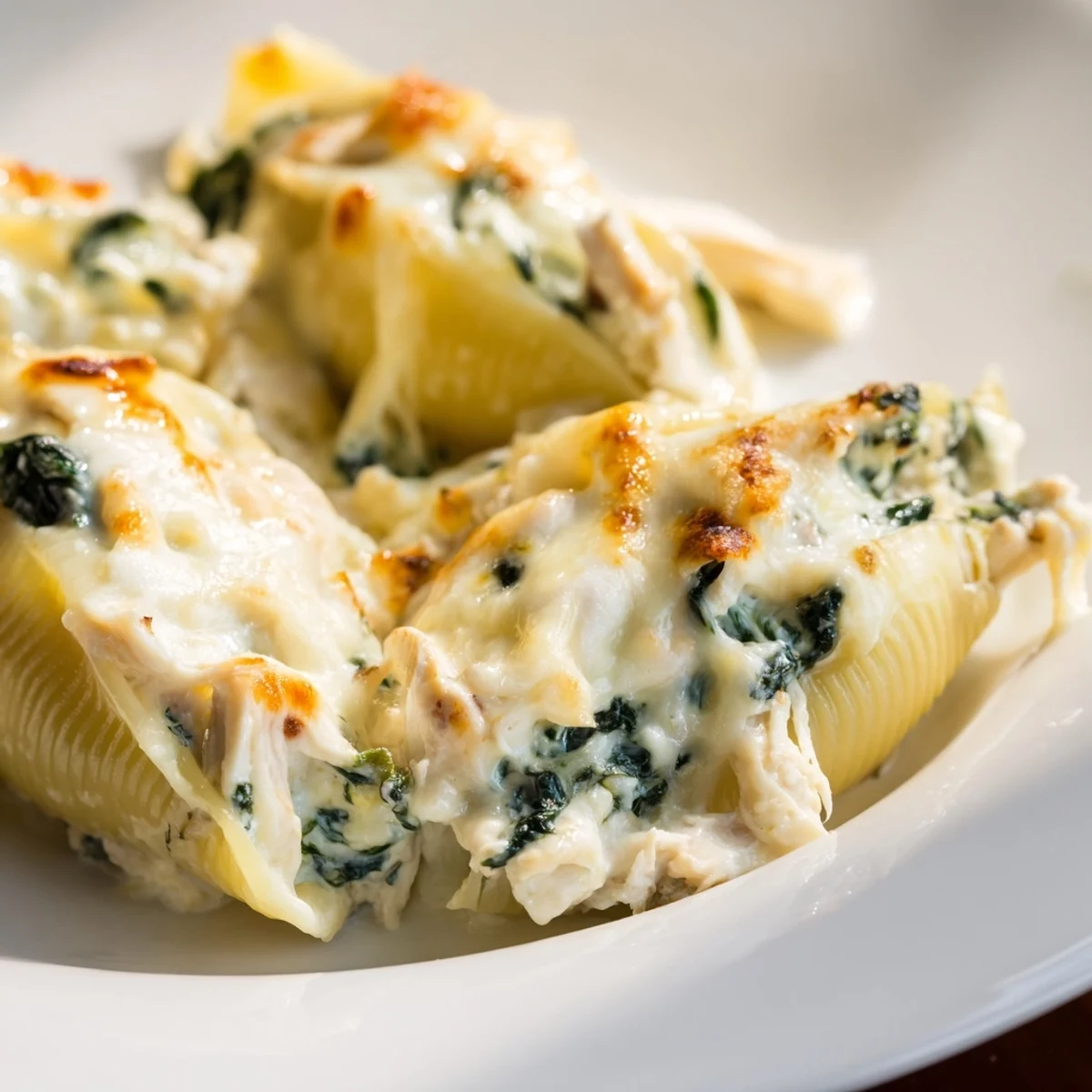 A close-up of Chicken Alfredo Stuffed Shells with Spinach showing creamy ricotta filling and melted mozzarella topping.