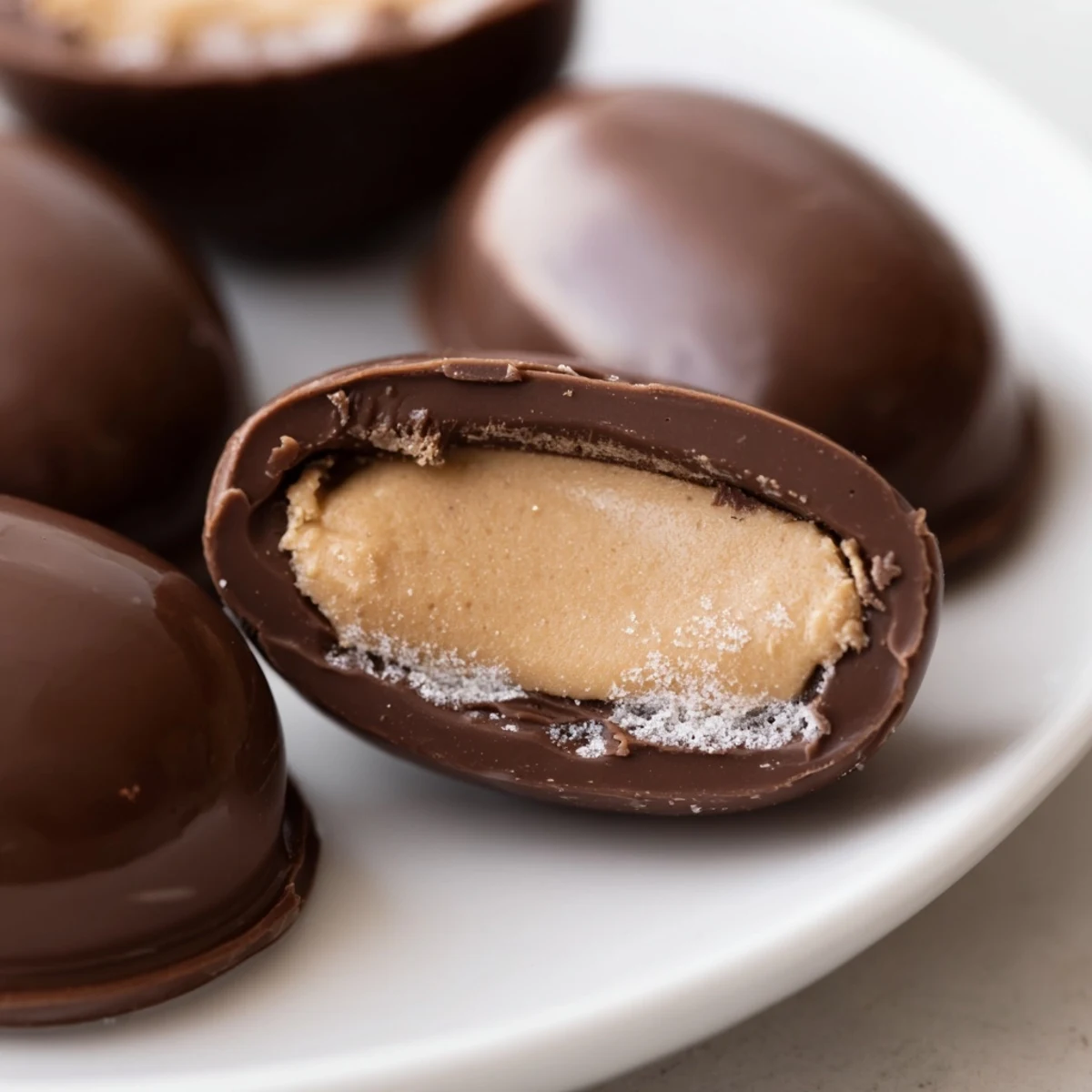 Festive chocolate peanut butter eggs with a rich, creamy peanut butter filling on a white plate.