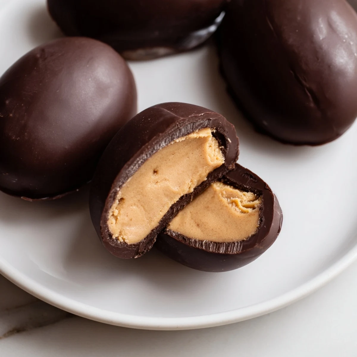 Close-up of smooth chocolate peanut butter eggs, perfect for holiday dessert platters and parties.