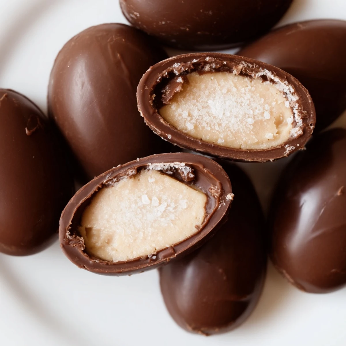 Homemade chocolate peanut butter eggs drizzled with white chocolate, served on a rustic wooden board.