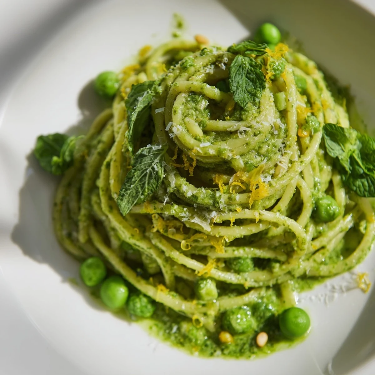 Fresh Spring Pea and Mint Pesto Pasta in a white bowl with extra peas and lemon zest.