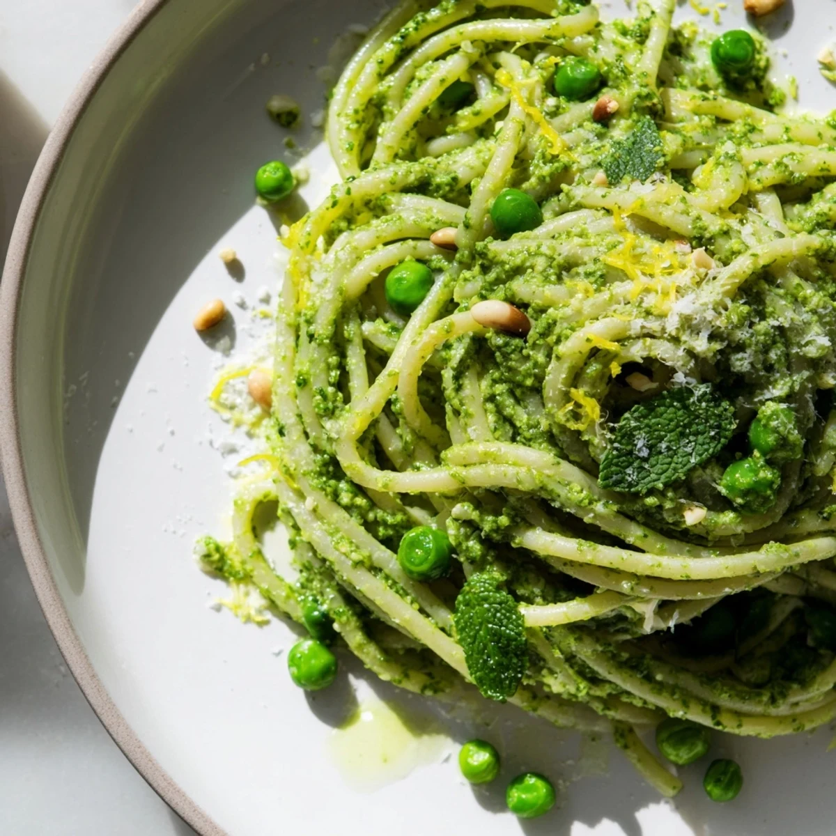A close-up of Spring Pea and Mint Pesto Pasta with bright green sauce and shaved Parmesan.