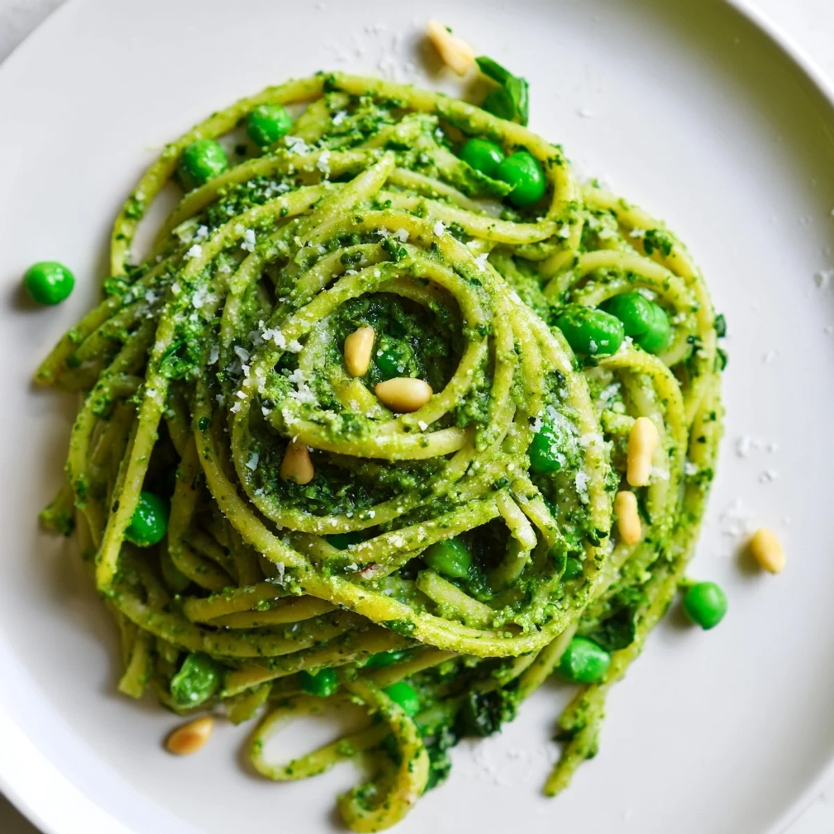 Overhead view of Spring Pea and Mint Pesto Pasta twirled on a fork, steam rising.