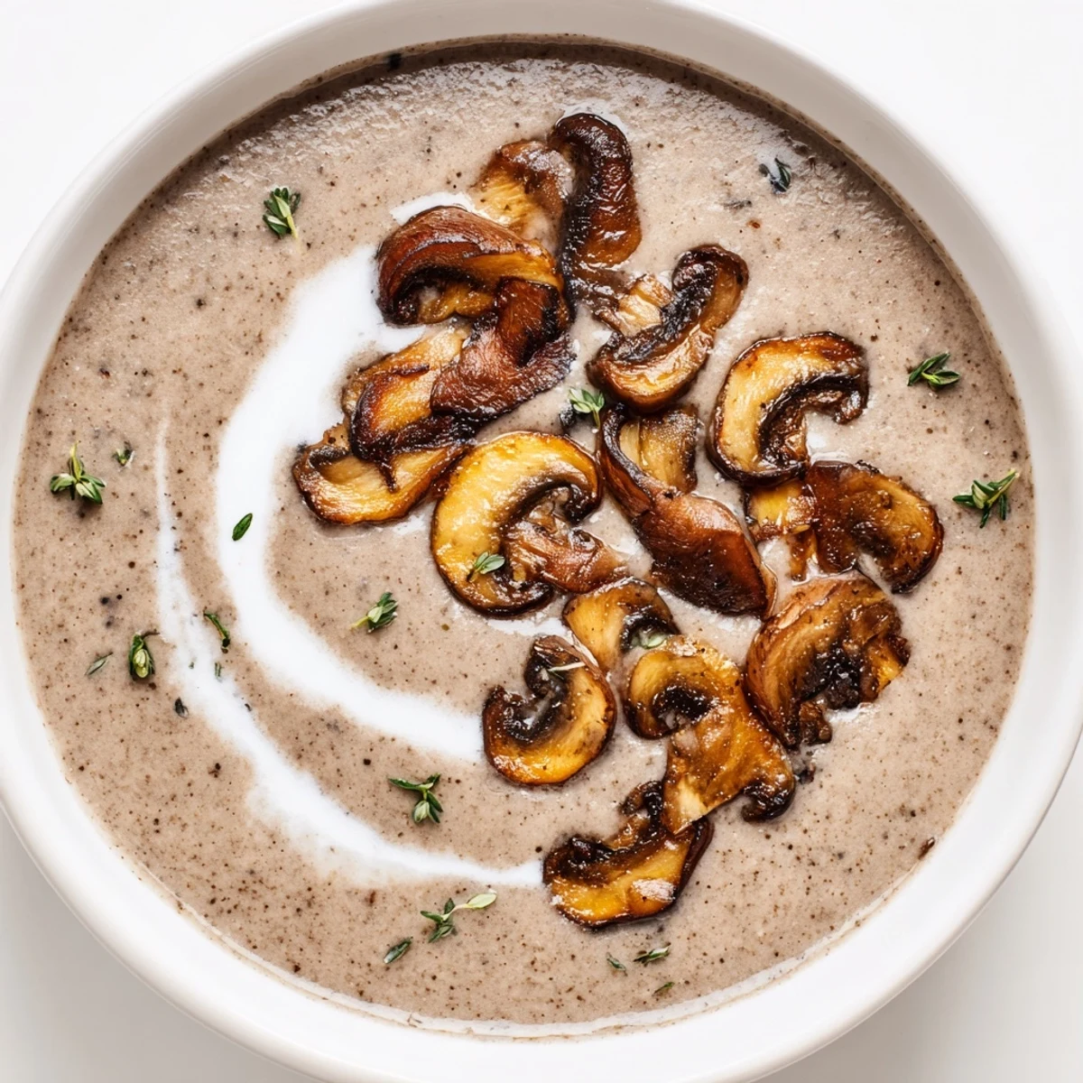 Steaming bowl of Creamy Mushroom Soup with Thyme topped with fresh herbs and a swirl of cream.