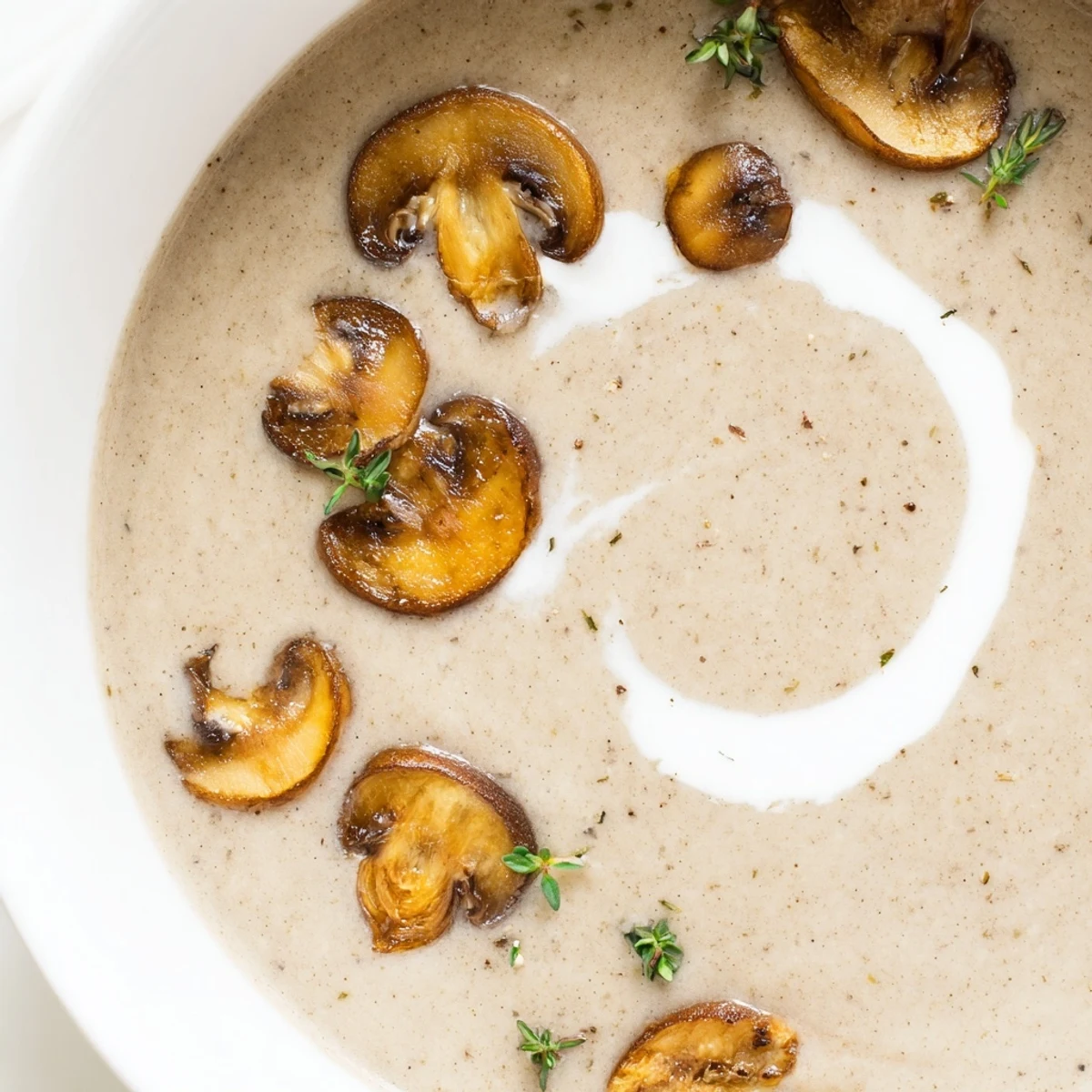 Close-up photo of Creamy Mushroom Soup with Thyme in a rustic bowl beside crusty artisan bread.