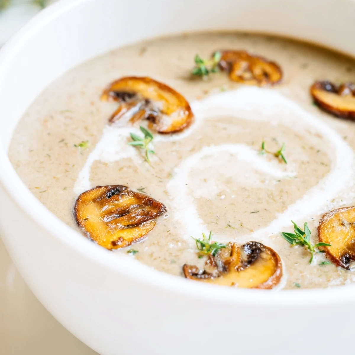 Thick Creamy Mushroom Soup with Thyme served in a white ceramic bowl garnished with thyme sprigs.