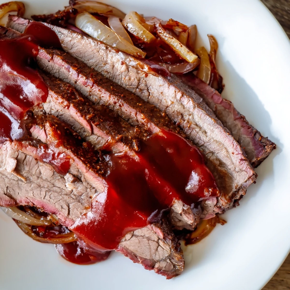 Tender Slow Cooked Beef Brisket with BBQ Sauce sliced and served on a platter with tangy coleslaw and pickles.