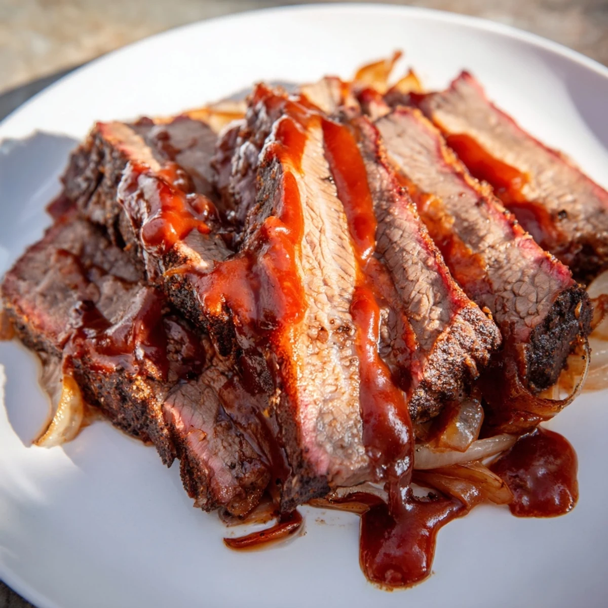 A close-up view of Slow Cooked Beef Brisket with BBQ Sauce showing juicy meat with a rich, glossy sauce glaze.