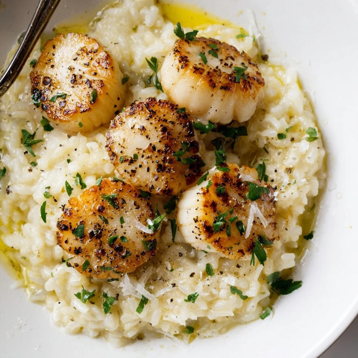 Perfectly seared Lemon Garlic Scallops with Risotto topped with fresh parsley and lemon zest.