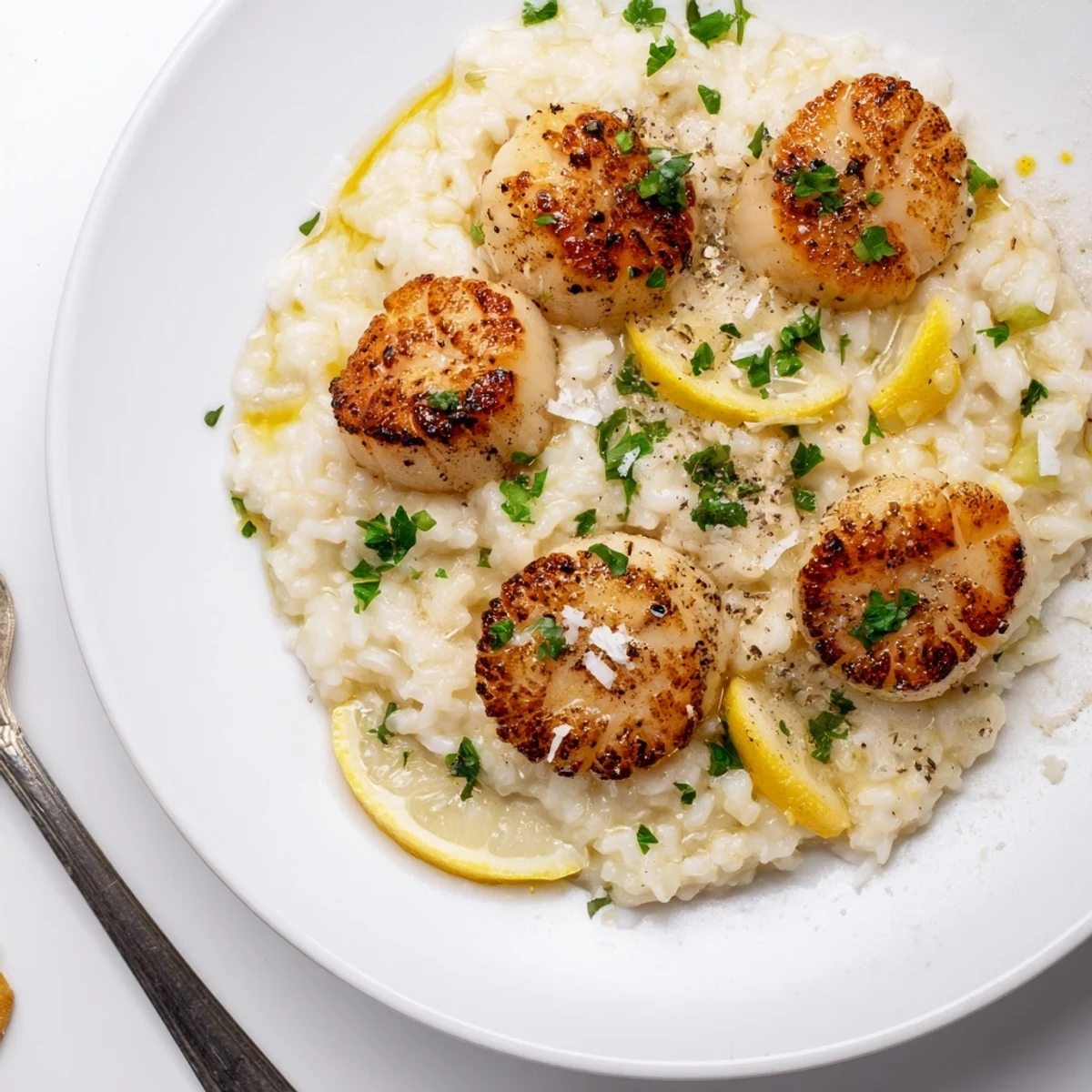Warm plate of Lemon Garlic Scallops with Risotto featuring golden-brown scallops and a buttery sauce.