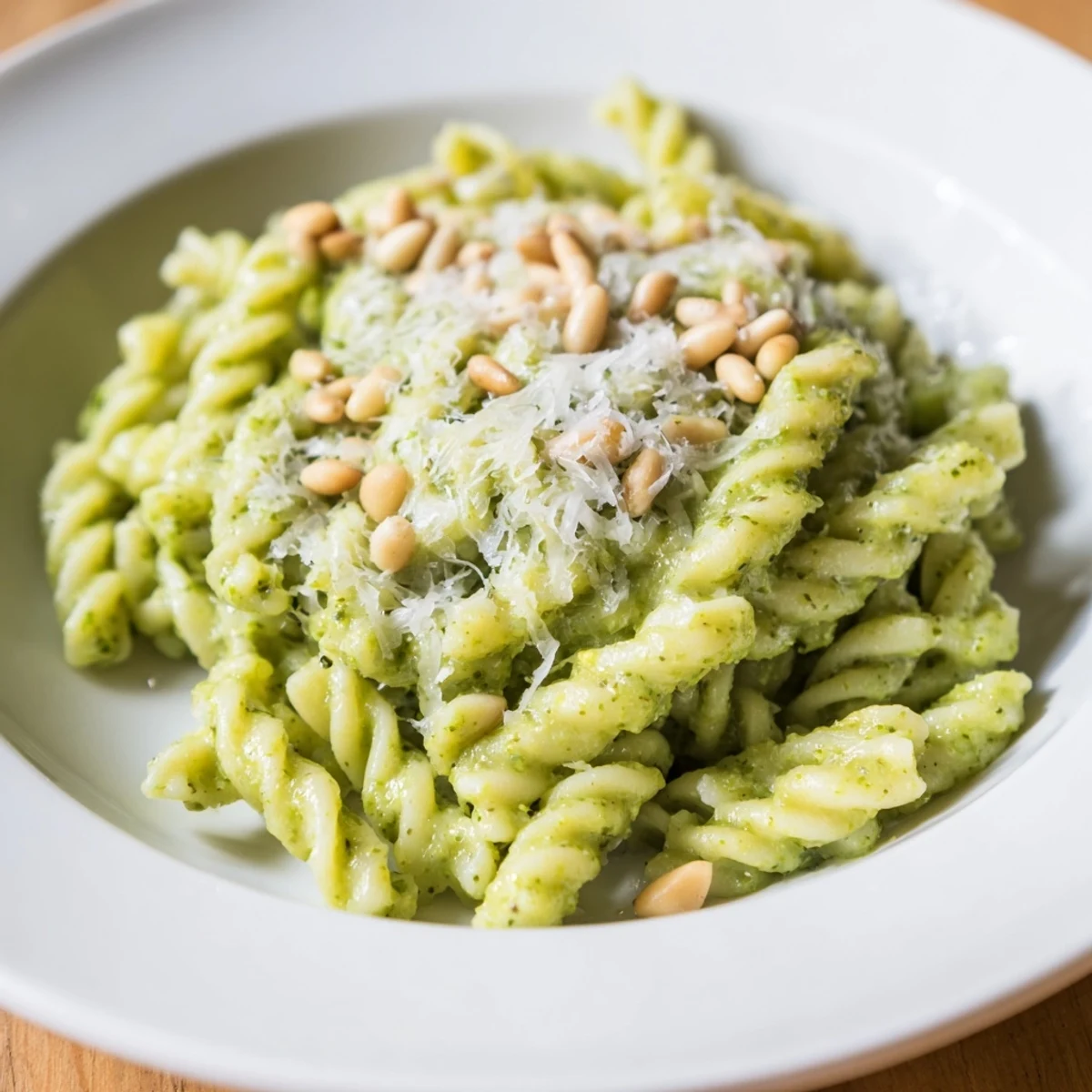 Spring Pea and Mint Pesto Pasta served warm, featuring creamy green sauce and al dente noodles on a white plate.