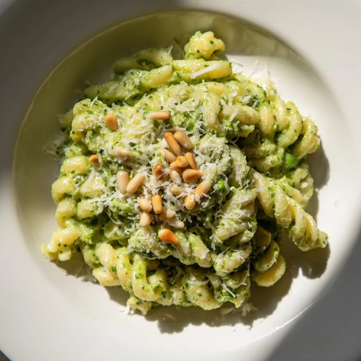 Close-up of Spring Pea and Mint Pesto Pasta with grated Parmesan and basil garnish, perfect for a spring dinner.