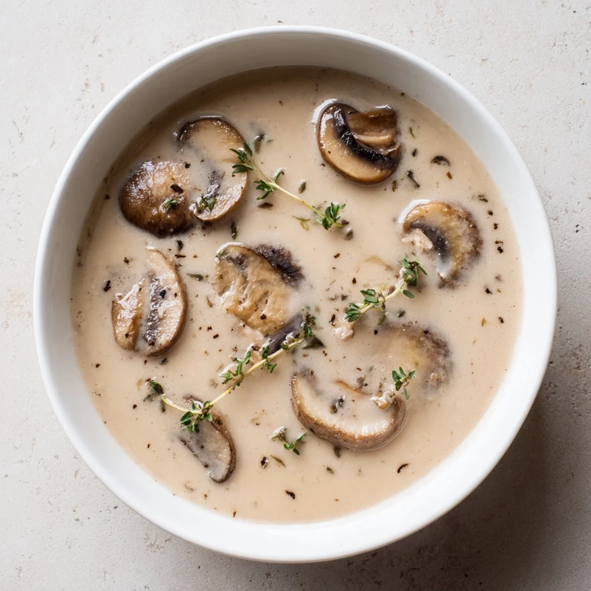 Creamy Mushroom Soup with Fresh Thyme shown in a rustic white bowl, garnished with thyme sprigs and a drizzle of cream.