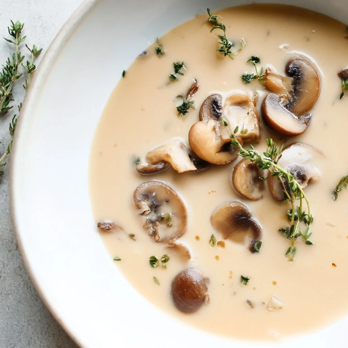 A close-up of Creamy Mushroom Soup with Fresh Thyme beside crusty bread and a spoon on a wooden table.