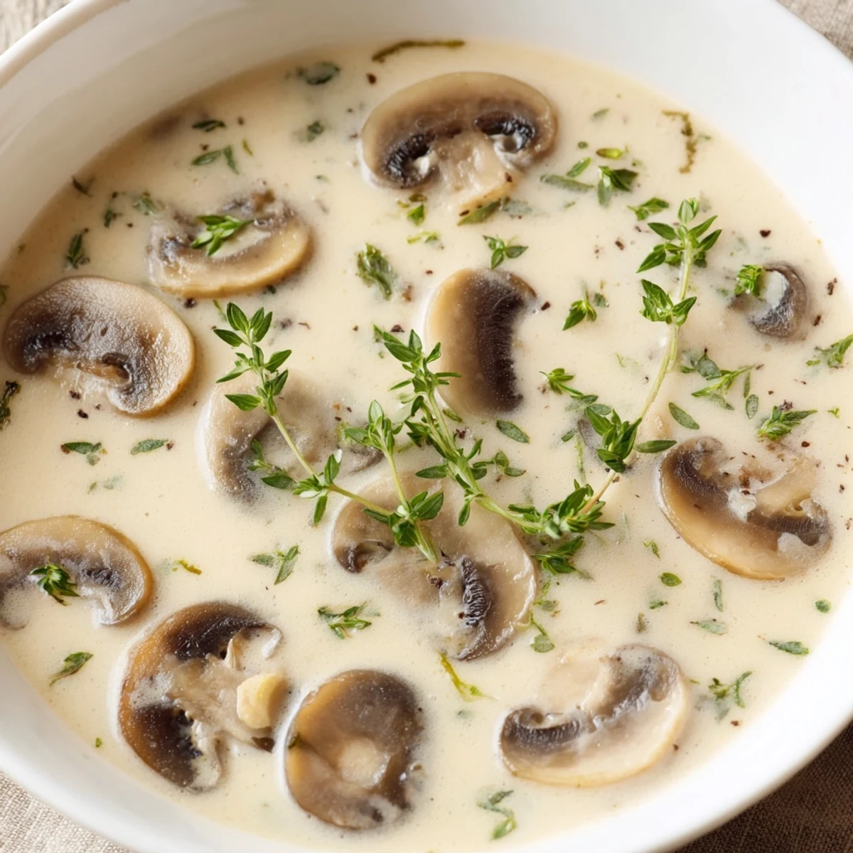 Hearty Creamy Mushroom Soup with Fresh Thyme served steaming in a pot with visible mushroom pieces and herbs.