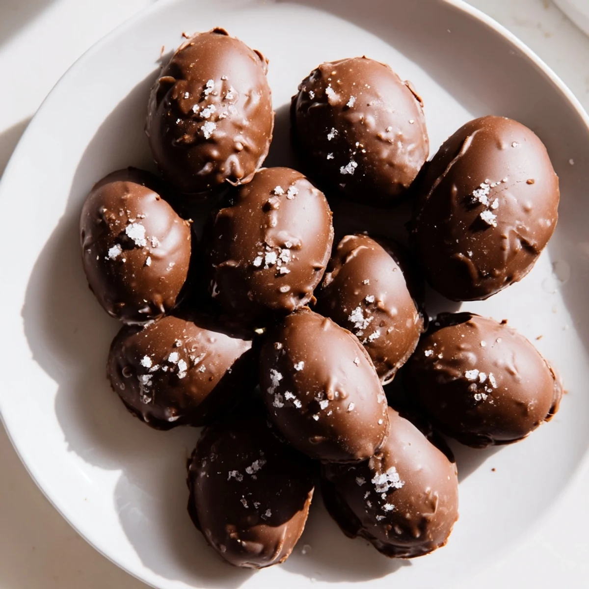 Fifteen homemade Chocolate Peanut Butter Eggs with Sea Salt displayed on a rustic wooden board, glistening chocolate shells and flaky salt crystals catching the light.