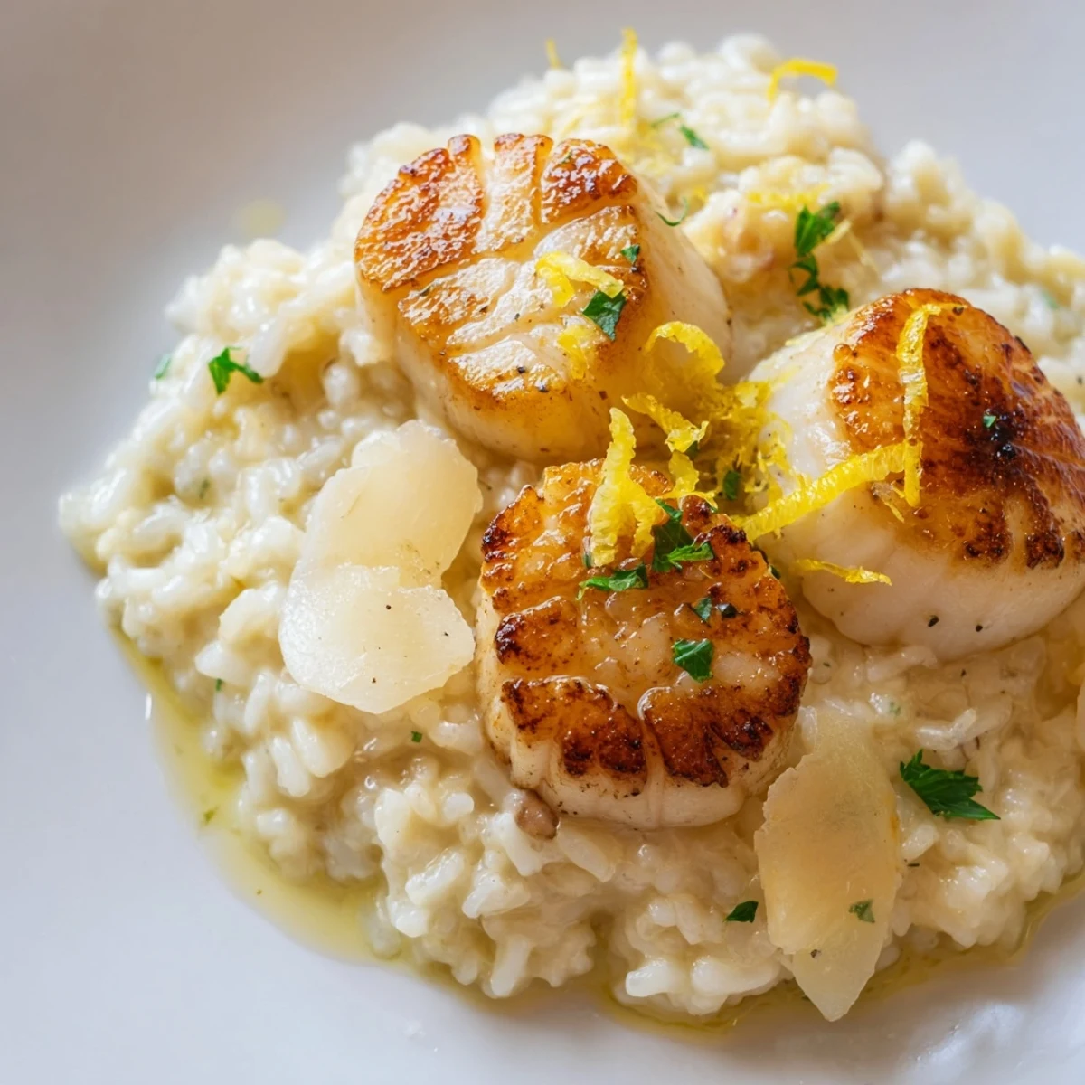 Tender scallops infused with lemon and garlic flavor are served atop a rich, velvety risotto for an elegant presentation.