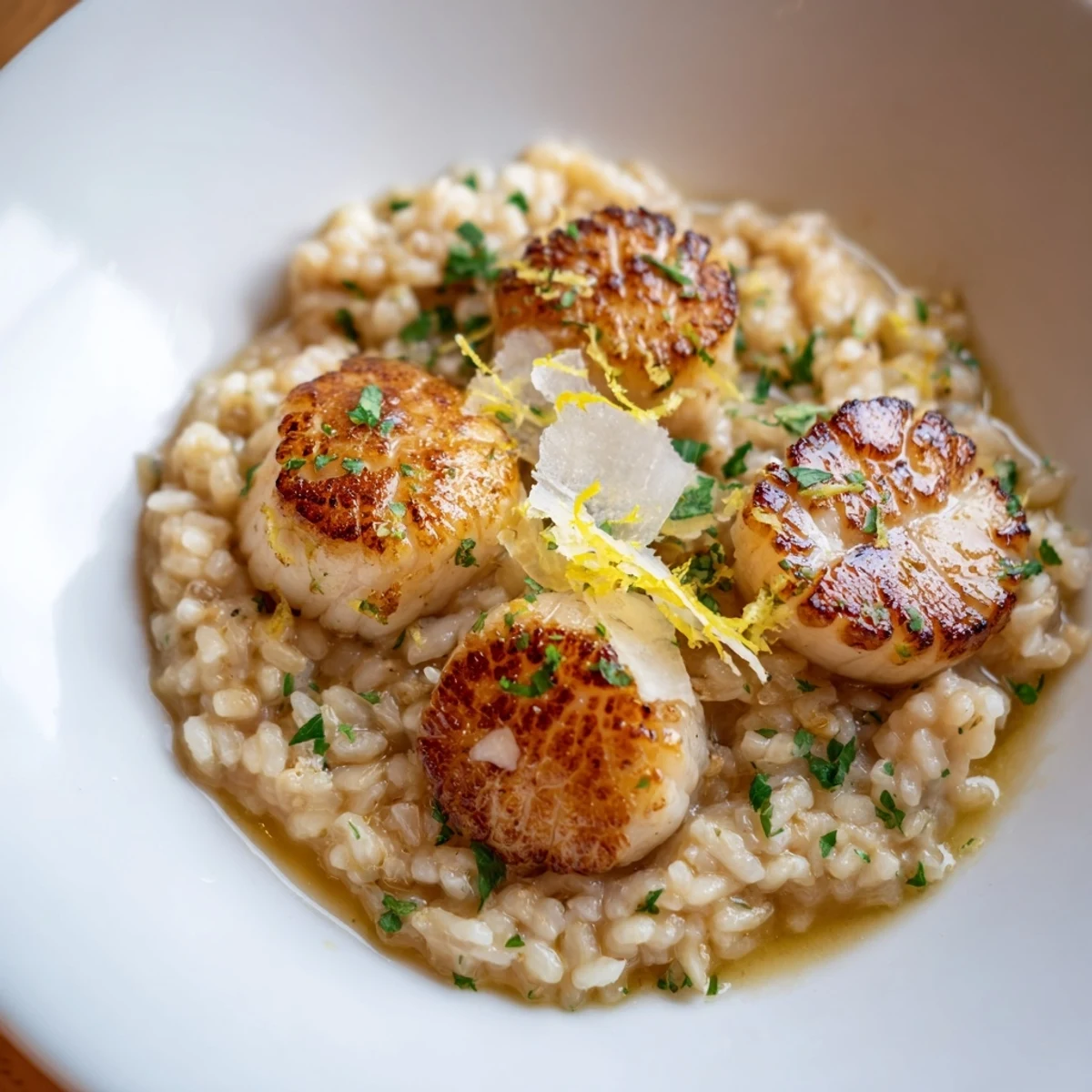 A close-up view of Lemon Garlic Scallops with Creamy Risotto shows a buttery sauce drizzled over the seafood and grains.