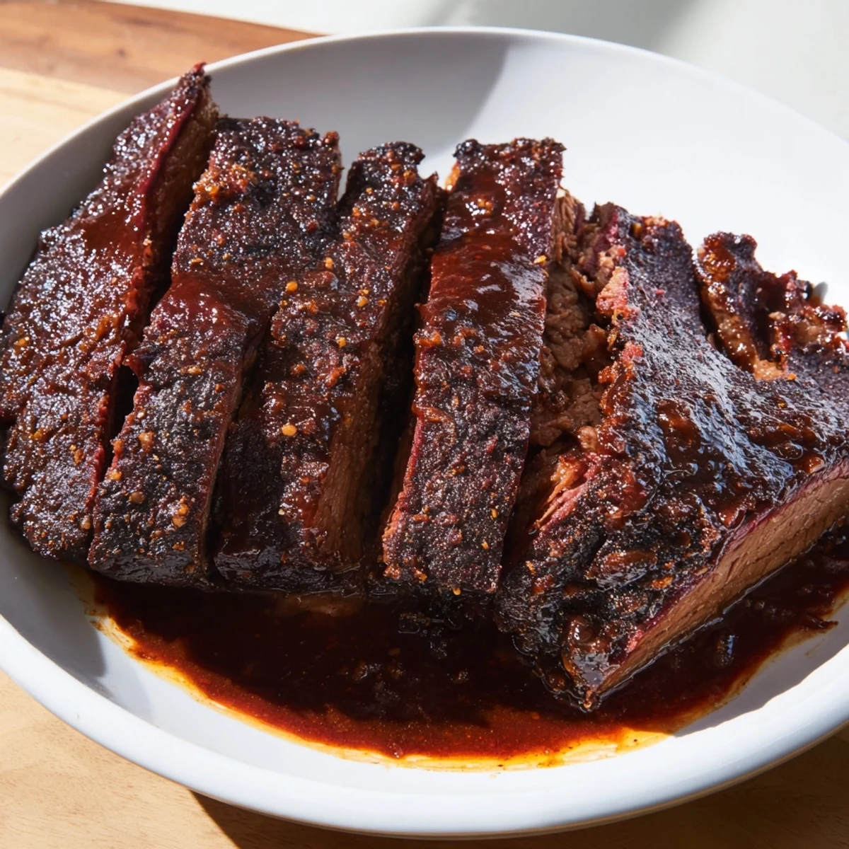 Tender slices of Slow Cooked Beef Brisket with Smoky BBQ Sauce glisten on a rustic wooden board, perfect for a family gathering.
