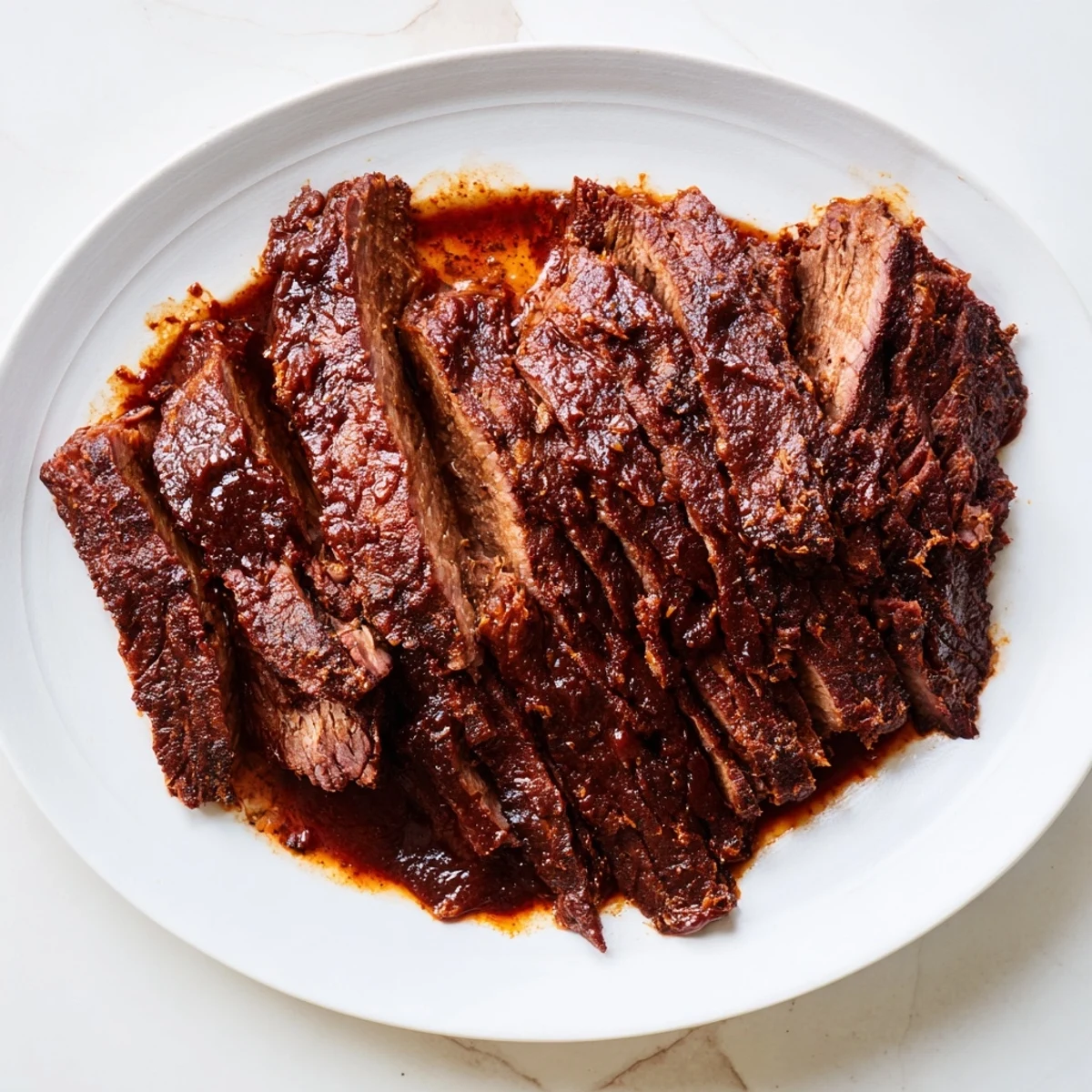 A close-up view of Slow Cooked Beef Brisket with Smoky BBQ Sauce shows juicy meat drizzled with rich, thick sauce.