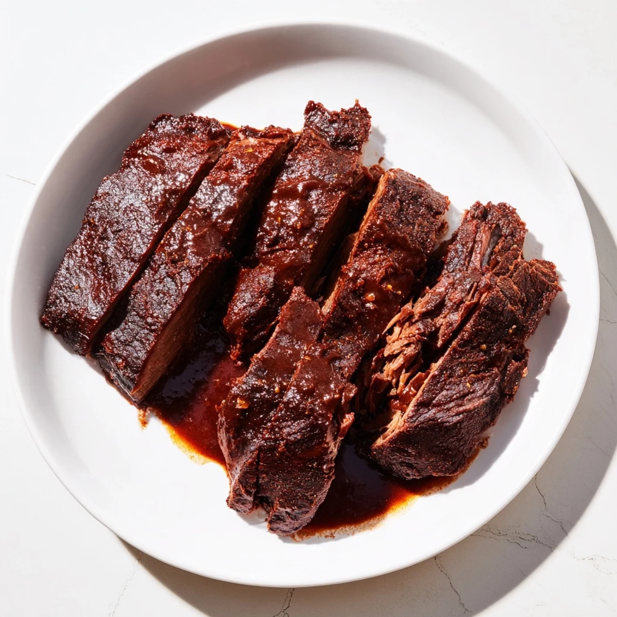 Shredded Slow Cooked Beef Brisket with Smoky BBQ Sauce served in a sandwich with pickles and coleslaw on the side.