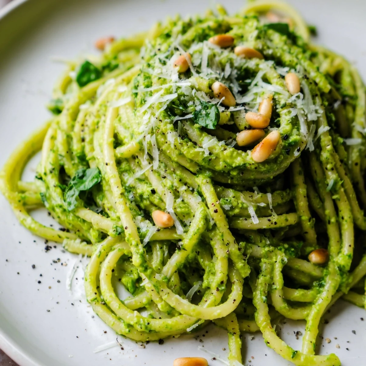A close-up of Spring Pea and Mint Pesto Pasta with Pine Nuts showing creamy green sauce coating spiraled pasta and a sprinkle of cheese.