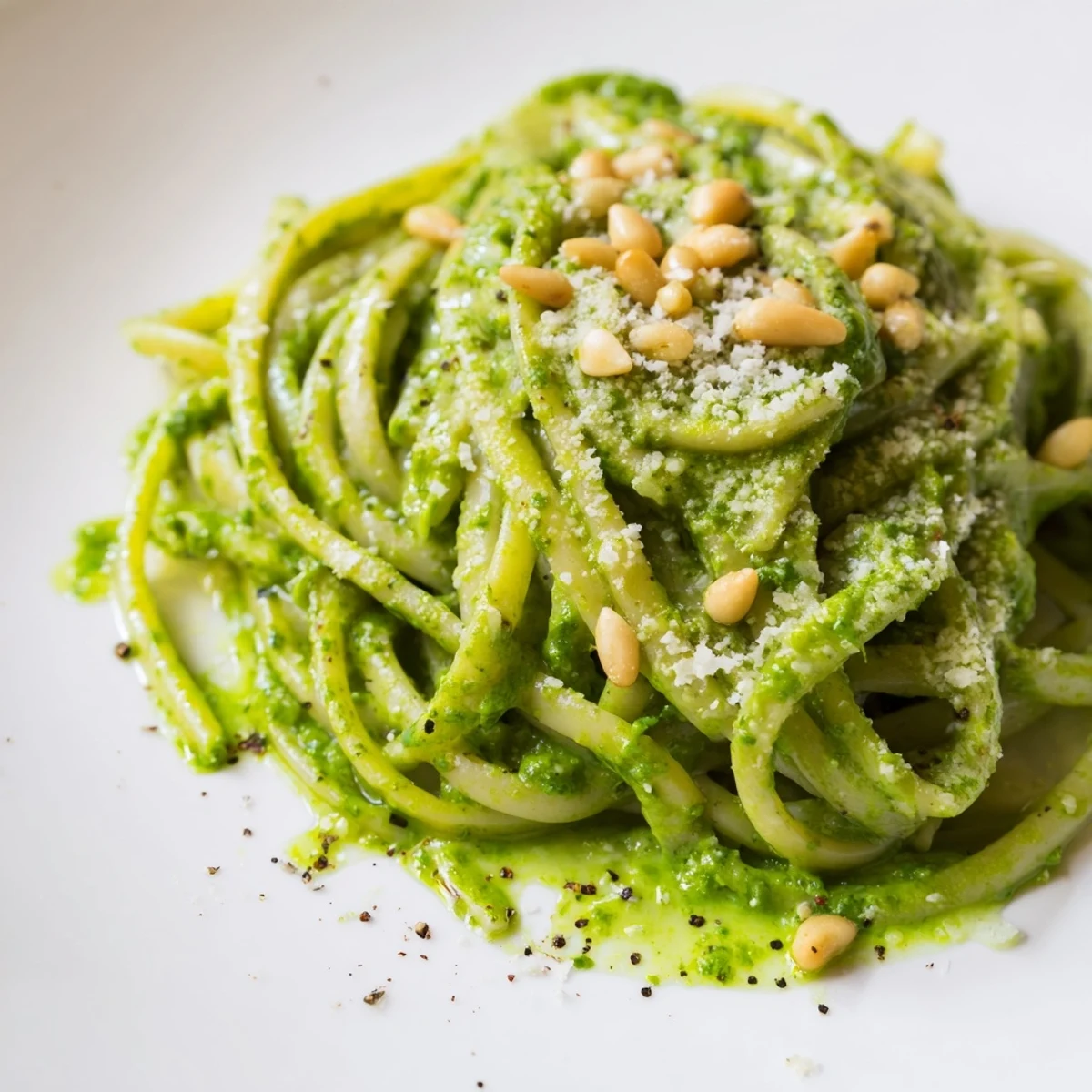 Bright green Spring Pea and Mint Pesto Pasta with Pine Nuts is garnished with extra toasted nuts and fresh herbs on a white plate.