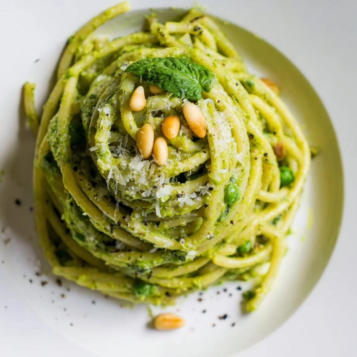 A vibrant, fresh plate of Spring Pea and Mint Pesto Pasta with Pine Nuts ready to serve, paired with a glass of white wine.
