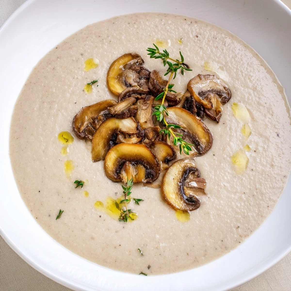 Creamy Mushroom Soup with Fresh Thyme served steaming hot with crusty bread for dipping.