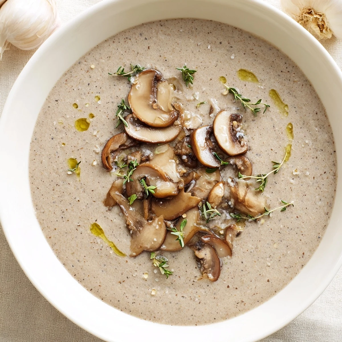 Bowl of Creamy Mushroom Soup with Fresh Thyme garnished with fresh thyme leaves.