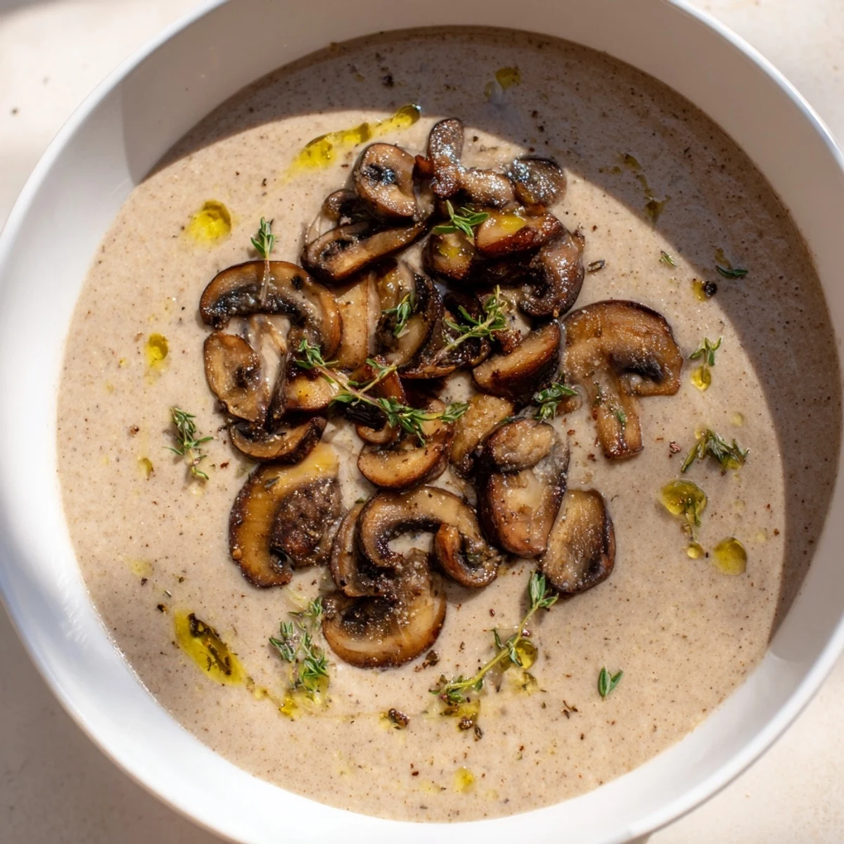 Velvety Creamy Mushroom Soup with Fresh Thyme paired with a glass of white wine.