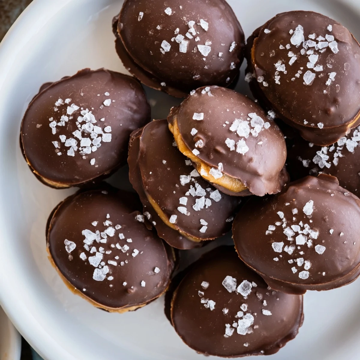 Twelve homemade chocolate peanut butter eggs with sea salt are arranged on a cooling rack, their glossy dark chocolate coating shimmering under soft kitchen light.