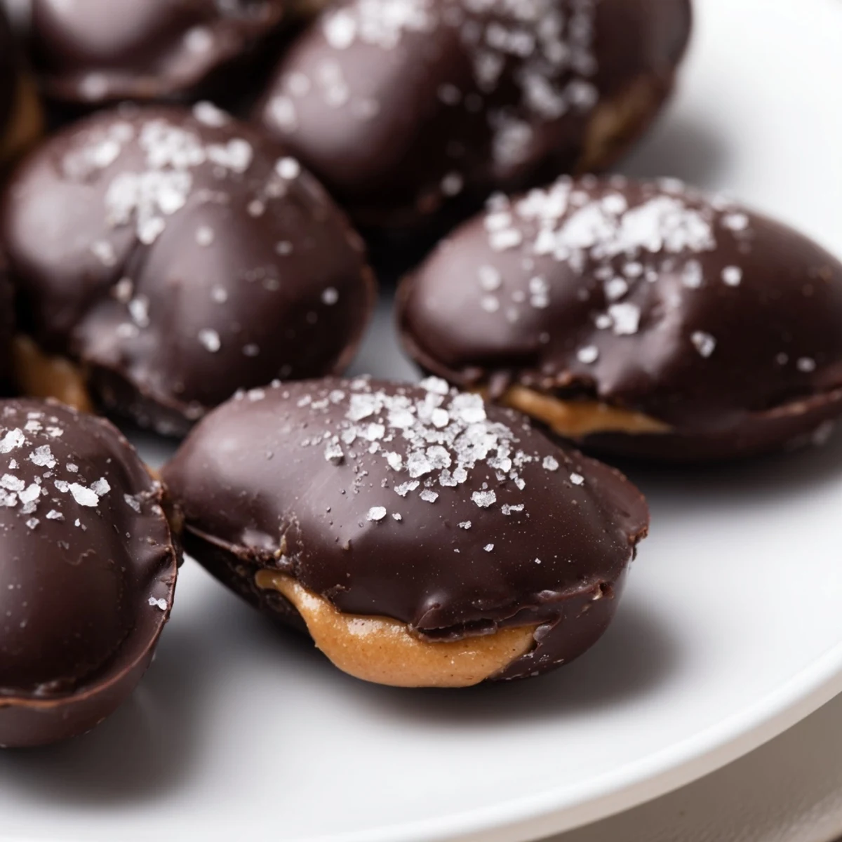 Rich chocolate peanut butter eggs with sea salt are stacked on a rustic wooden board, the flaky salt crystals catching the light for a sweet finish.