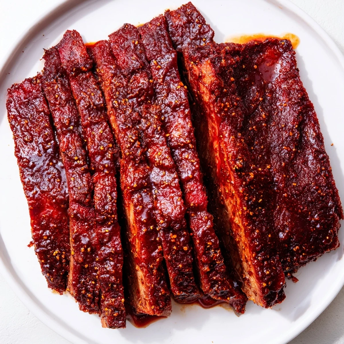 Glossy slow cooked beef brisket with smoky BBQ sauce drizzled over, ready to serve with pickles and cornbread on the side.