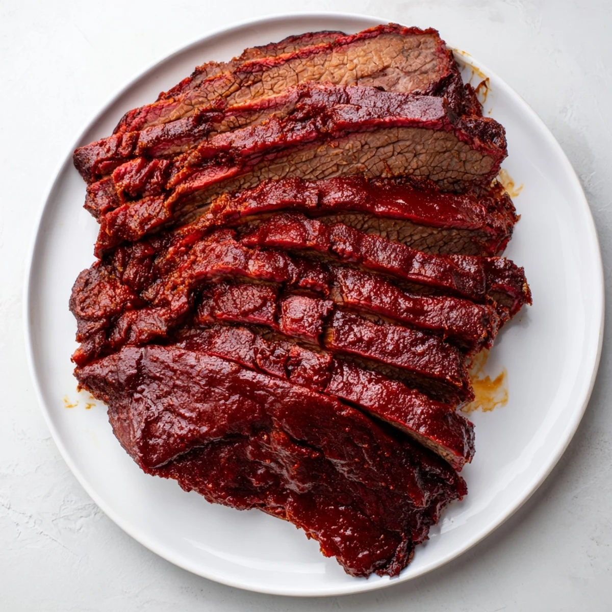 Sliced slow cooked beef brisket with smoky BBQ sauce on a platter, garnished with onions for a tender, juicy dinner.