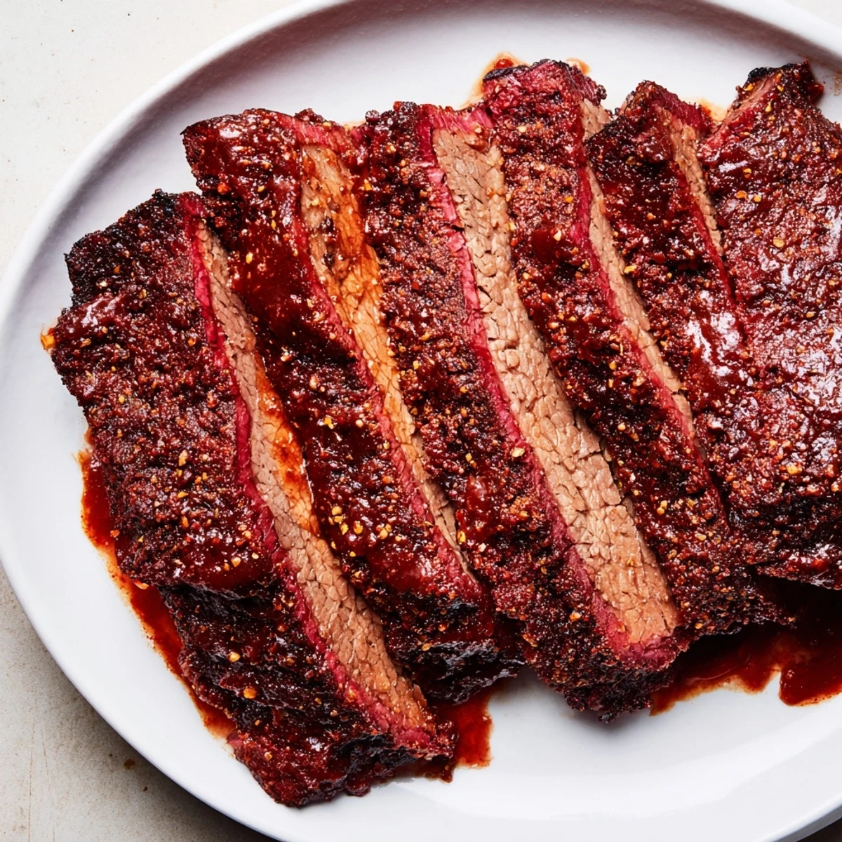 Slow cooked beef brisket with smoky BBQ sauce on a cutting board, rested after slow cooking for a flavorful family meal.