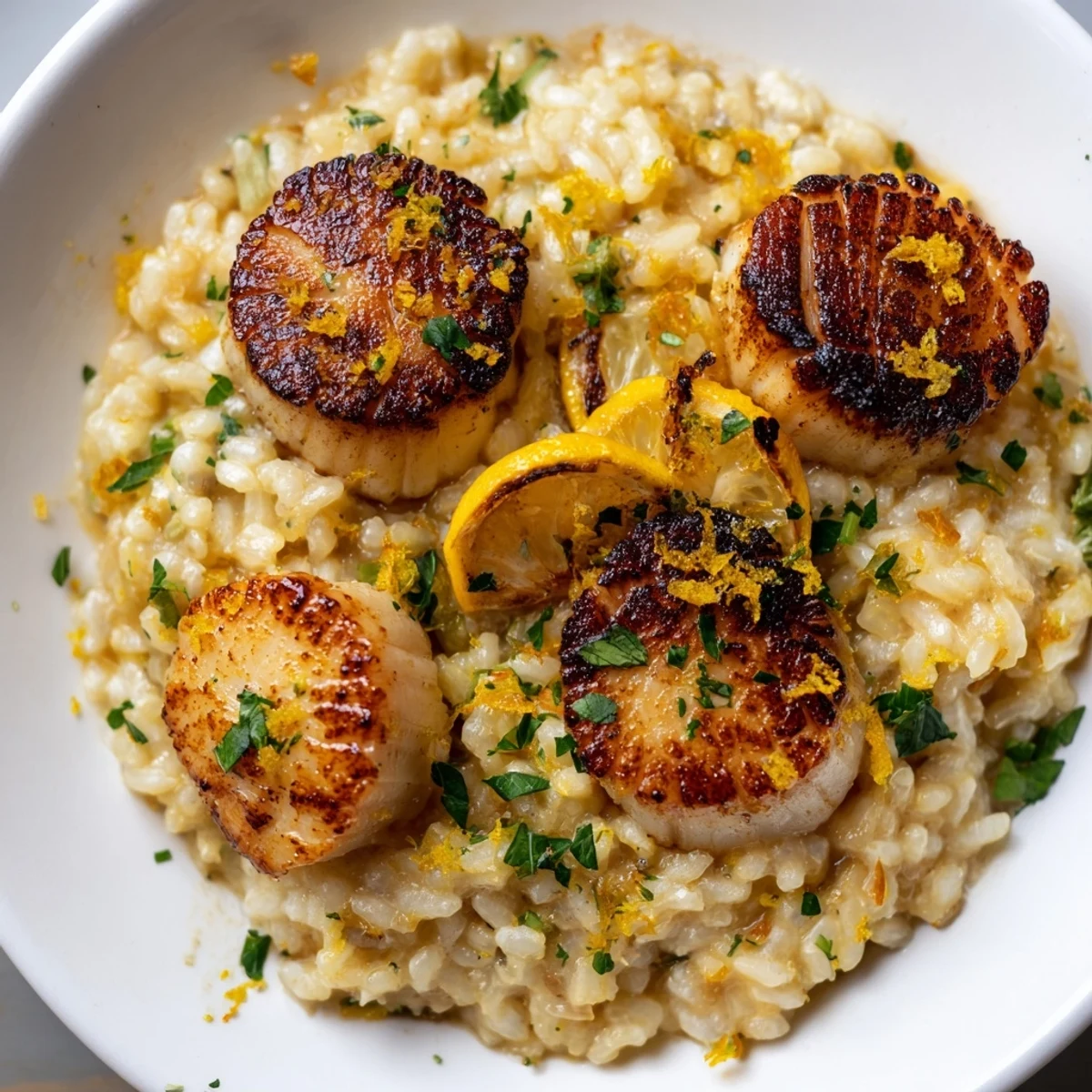 Lemon Garlic Scallops with Creamy Risotto served hot with fresh parsley garnish.