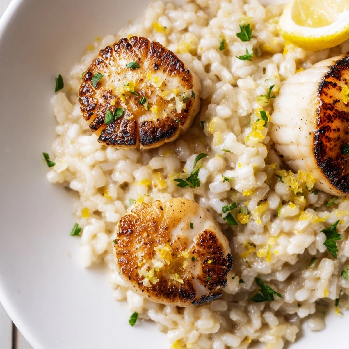Golden-brown Lemon Garlic Scallops atop a bed of creamy, Parmesan-infused risotto.