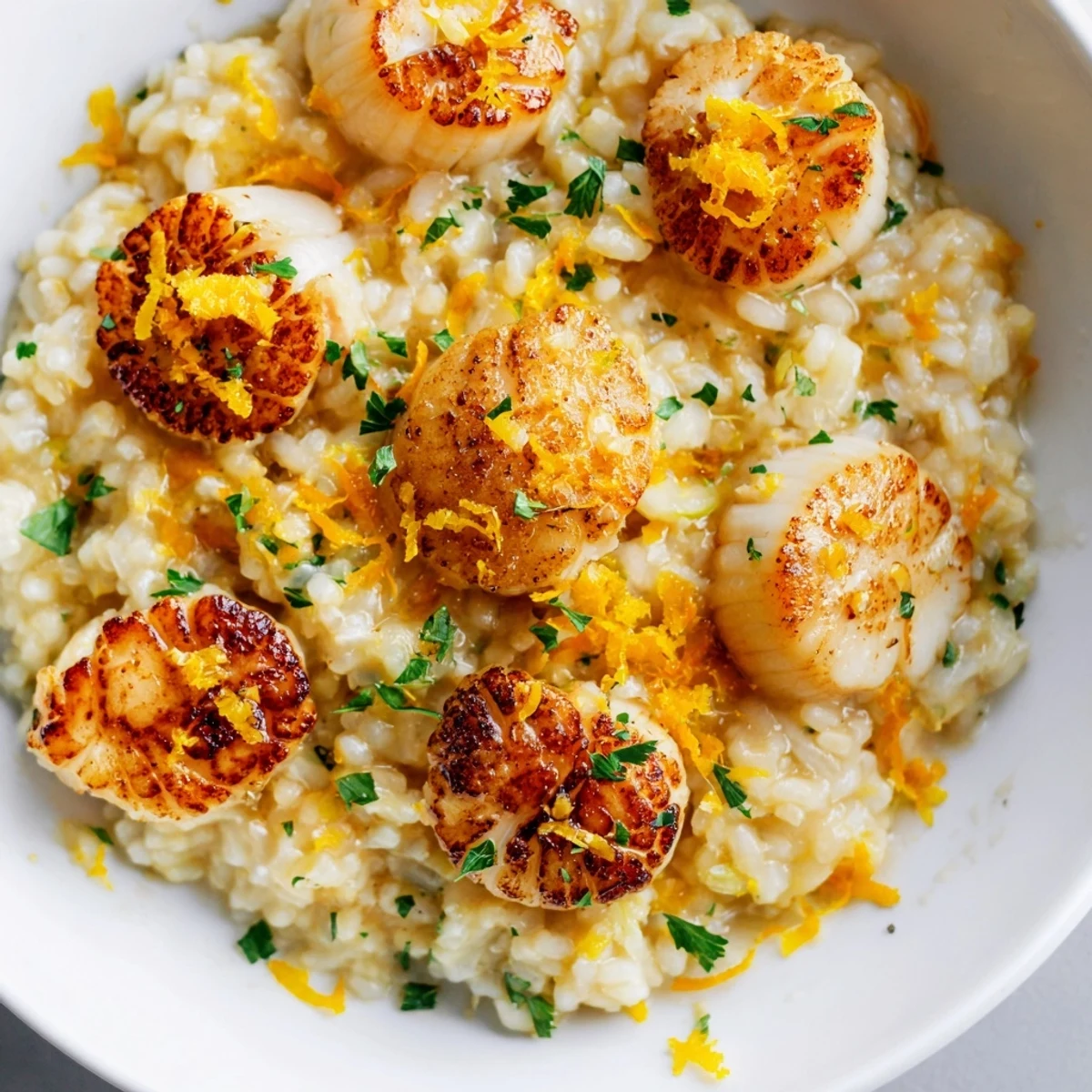 A close-up of Lemon Garlic Scallops with Creamy Risotto, featuring buttery scallops and rich texture.