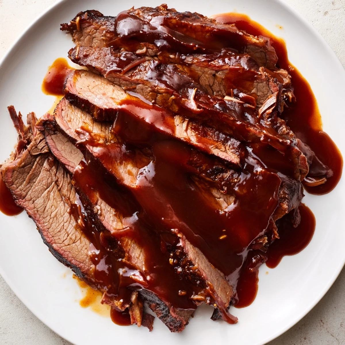 Slow Cooked Beef Brisket with BBQ Sauce on white plate, rich glaze and tender shredded beef.