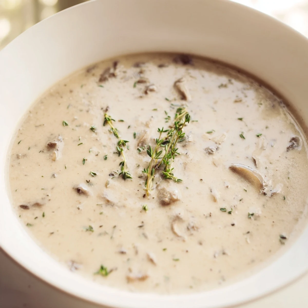 Creamy Mushroom Soup with Thyme served steaming in a rustic bowl garnished with fresh thyme sprigs.