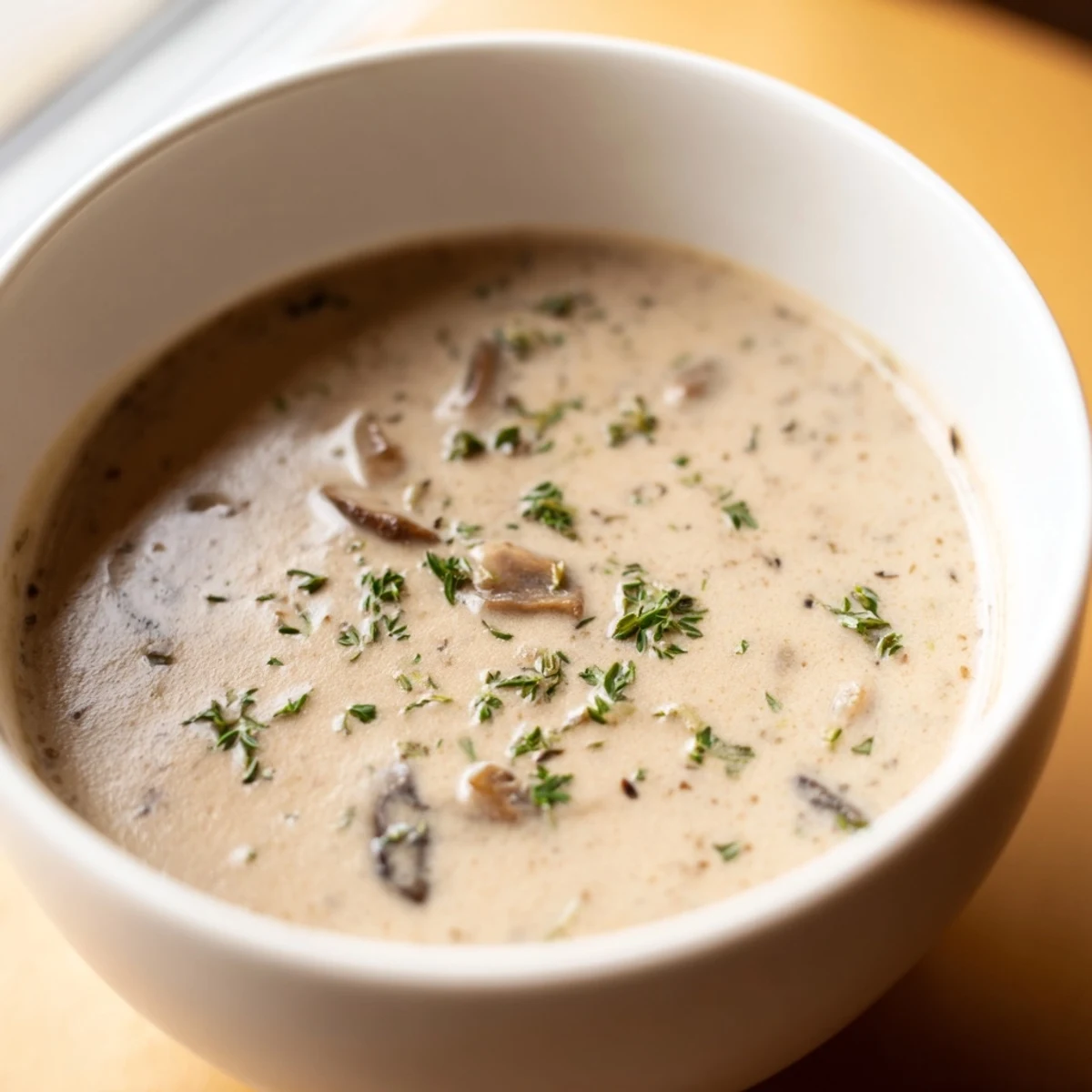 Warm and velvety Creamy Mushroom Soup with Thyme beside crusty bread for dipping on a wooden table.