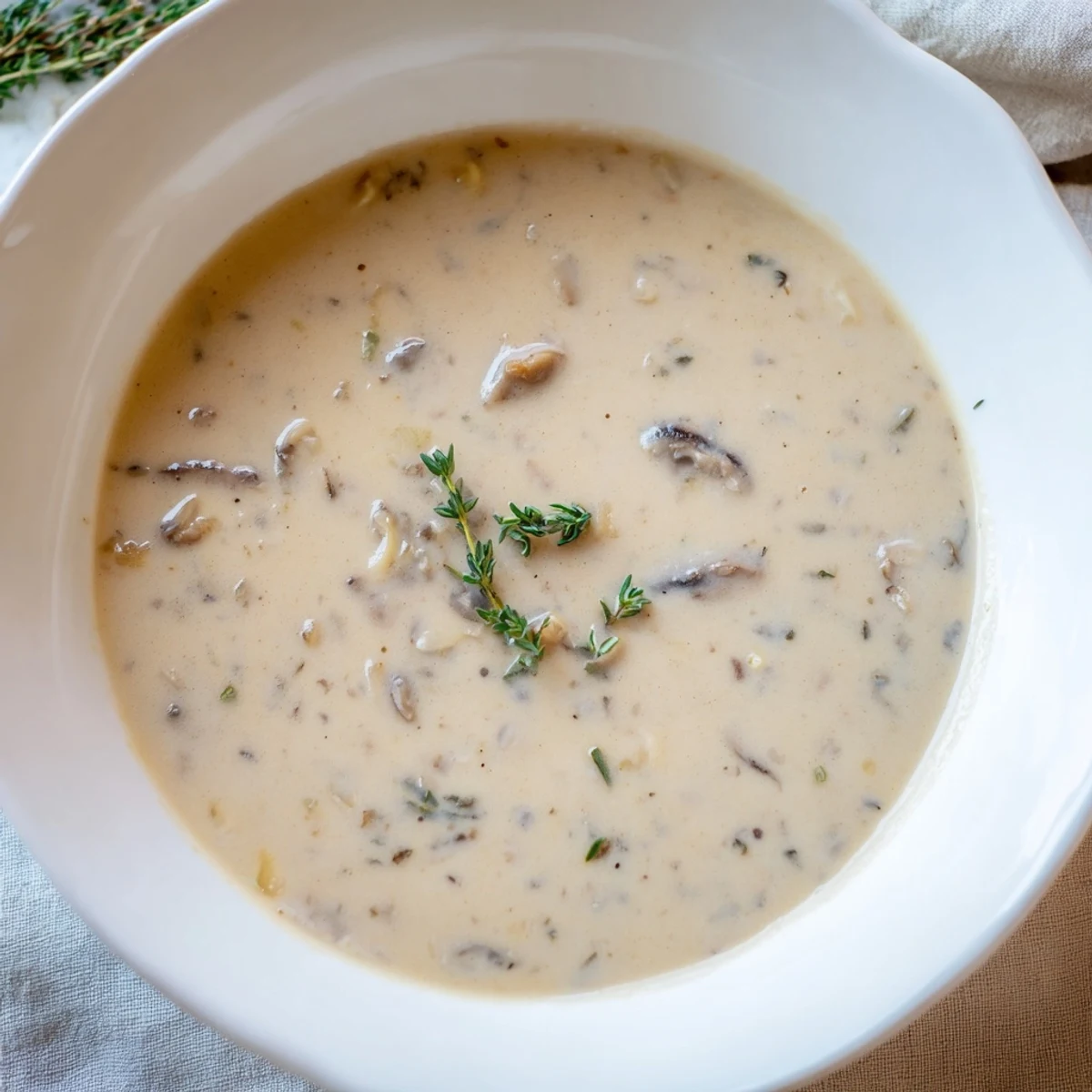 A close-up of Creamy Mushroom Soup with Thyme with visible mushroom pieces and a swirl of cream.