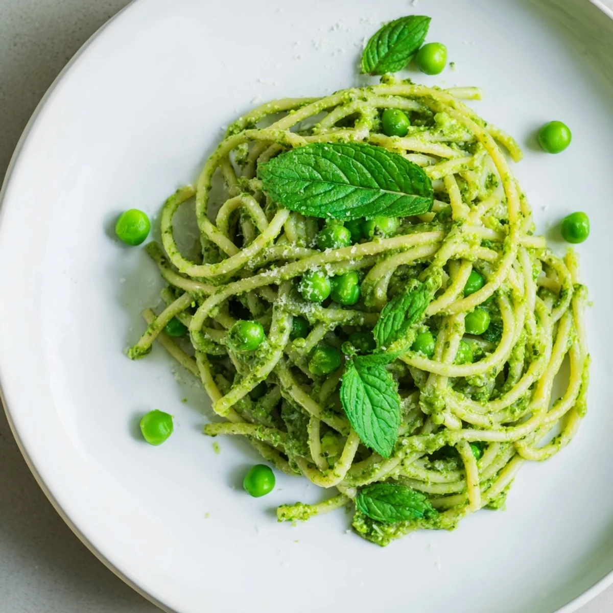 Close-up of Spring pea and mint pesto pasta showing creamy sauce and chopped pine nuts on a rustic table.
