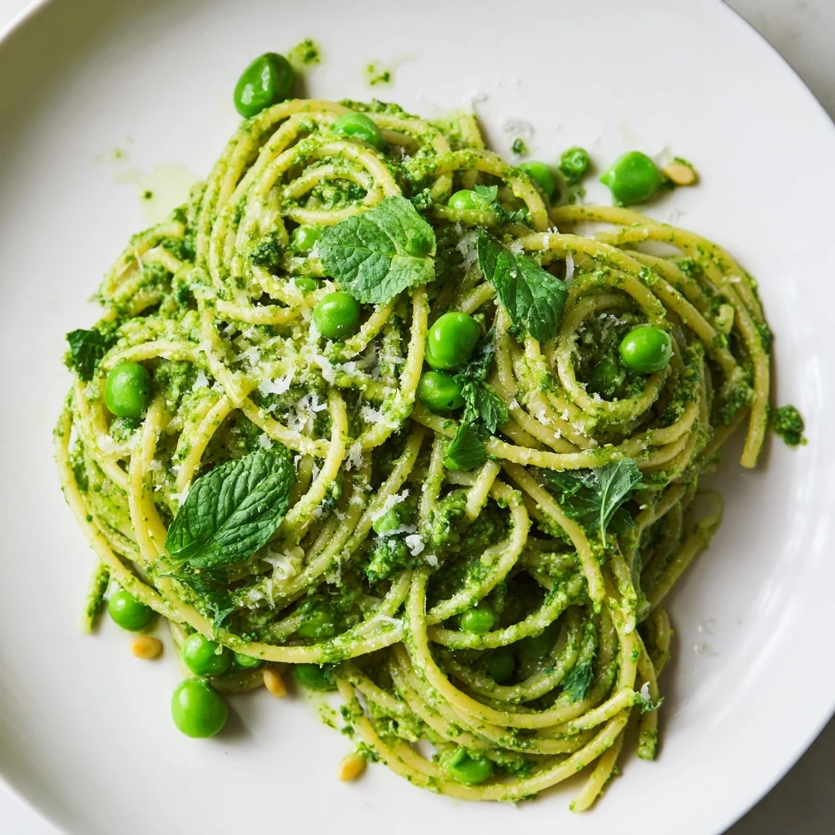 Bright green Spring pea and mint pesto pasta tossed with fresh herbs and a drizzle of olive oil.