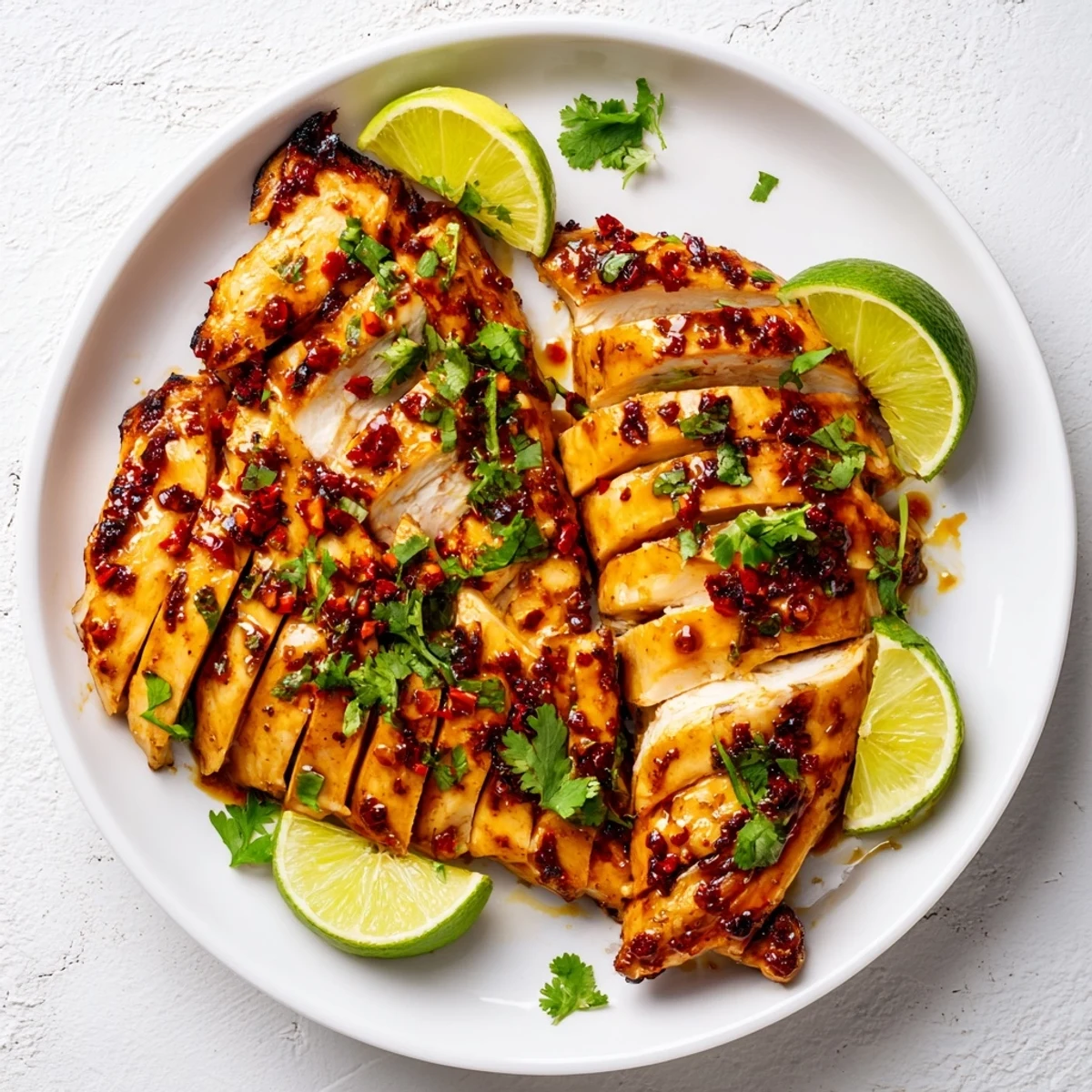 Grilled Spicy Honey Lime Chicken breast slices glistening with citrus glaze on a plate with lime wedges and cilantro.
